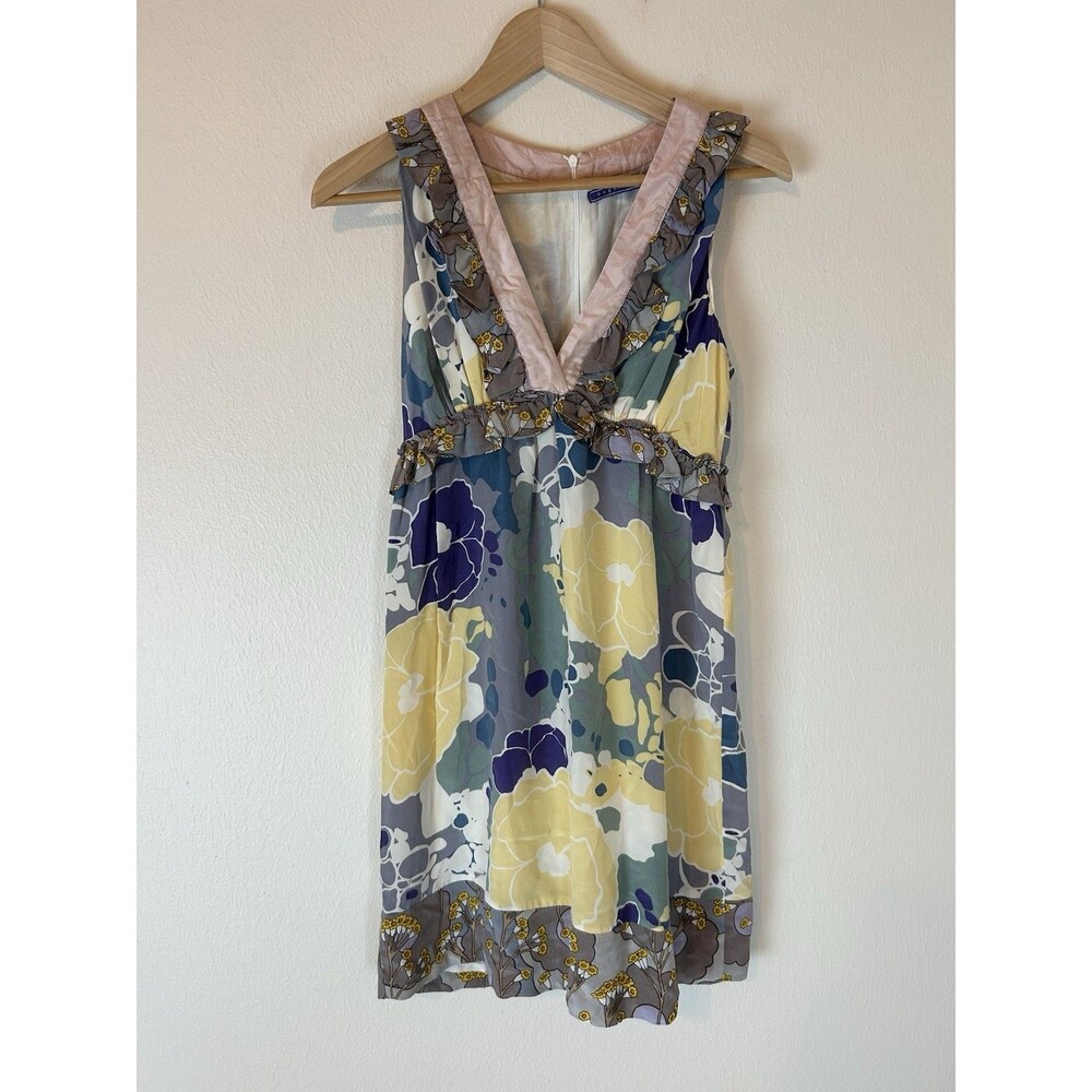 Sugar Lips Womens Dress XS Abstract Pure Silk Floral Ruffle Boho Mini Satin